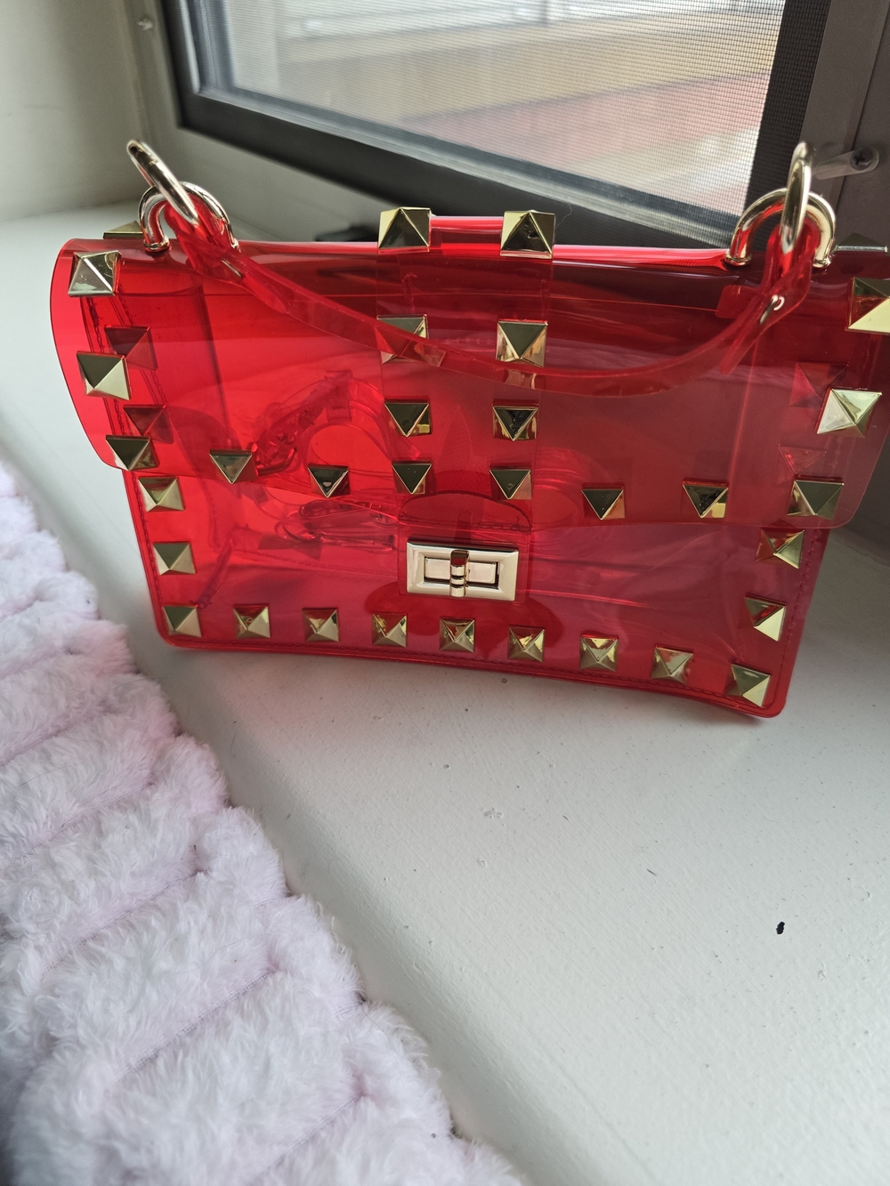 Red Studded Clear Crossbody Bag